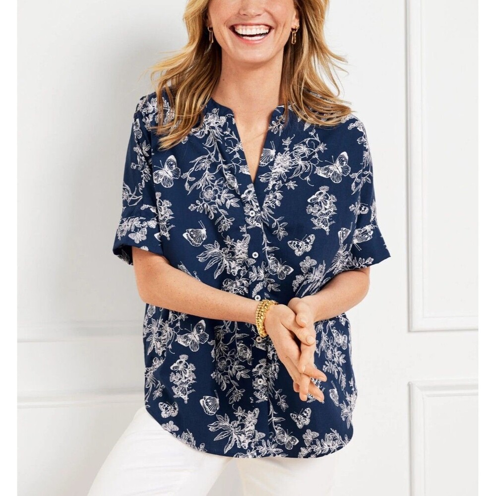 Talbots Size M Blouse Butterfly Floral Cotton Blue Short Sleeve Boho Cottage